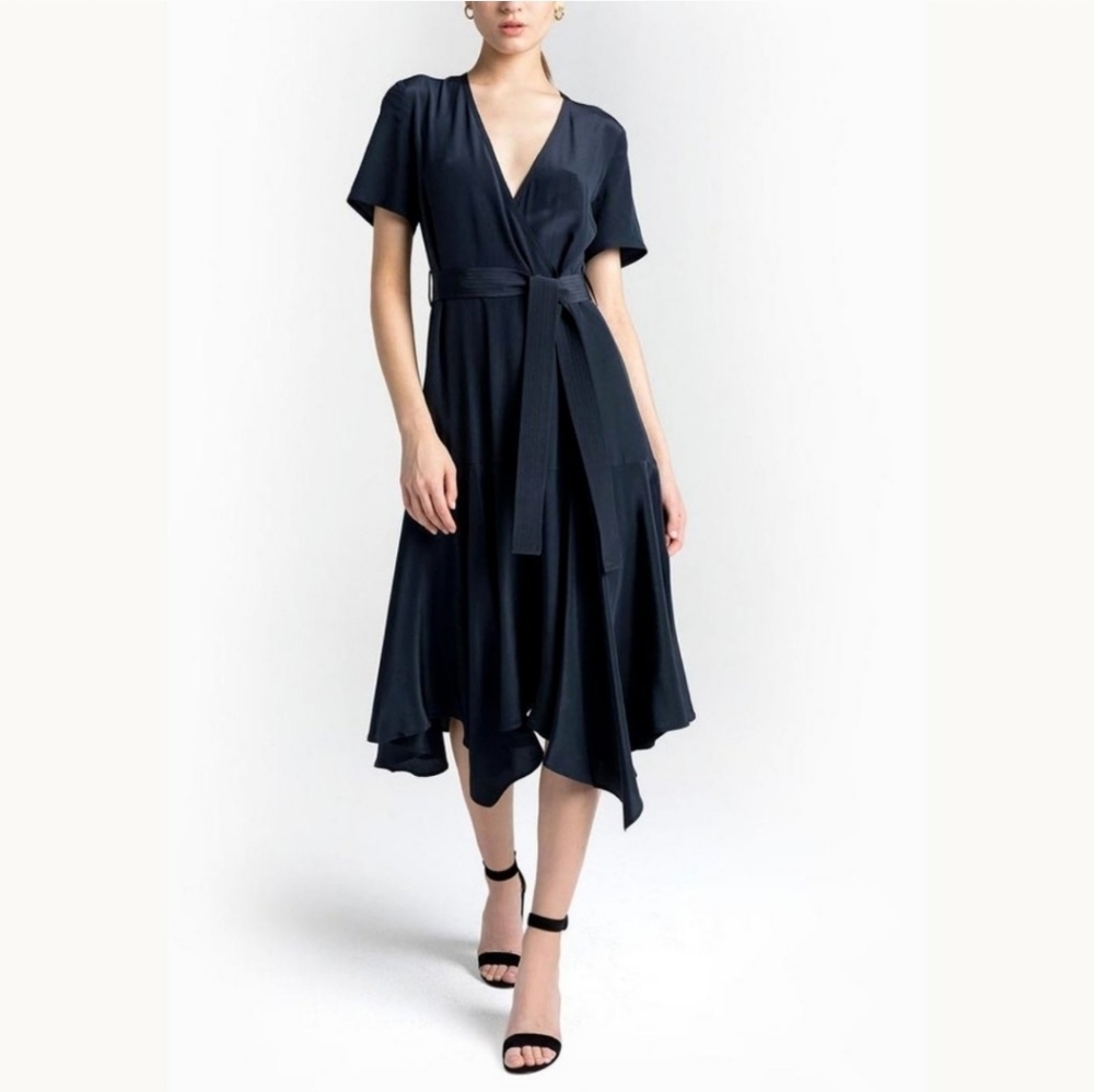 A.L.C. Cora Silk Asymmetrical Hem Midi Wrap Dress in Midnight Navy Size 0
